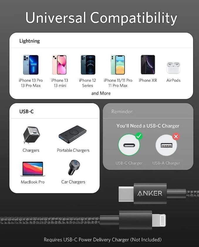 Anker USB-C to Lightning Cable (6ft/1.8m, New Nylon ) Black