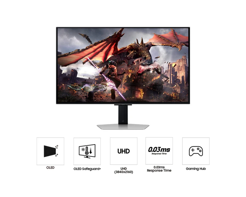 Samsung The G80SD 32-inch UHD OLED gaming monitor features smart features and a 240Hz refresh rate.