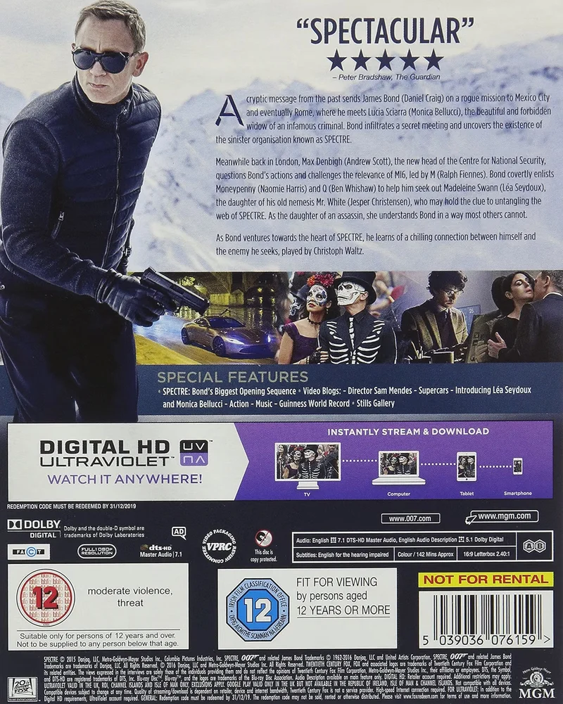 Spectre Blu-ray James Bond Action Spy Thriller Daniel Craig Sam Mendes