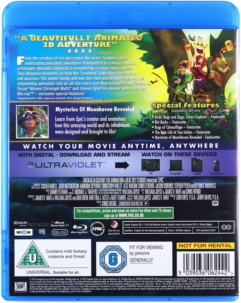 Epic Blu-ray 3D + Blu-ray Animated Family Adventure Chris Wedge Fox 2013