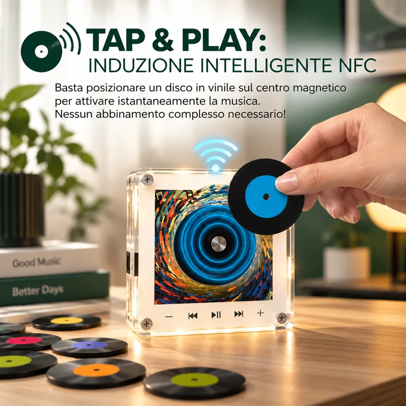 Mini Lettore Musicale NFC Universale con 9 Dischi e Luce LED