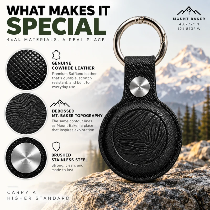 Saffiano Leather AirTag Holder | Mt Baker Topographic Keychain Case for Keys, Bags & Luggage