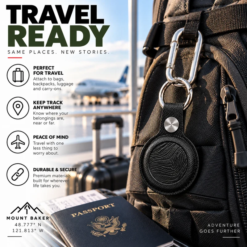Saffiano Leather AirTag Holder | Mt Baker Topographic Keychain Case for Keys, Bags & Luggage