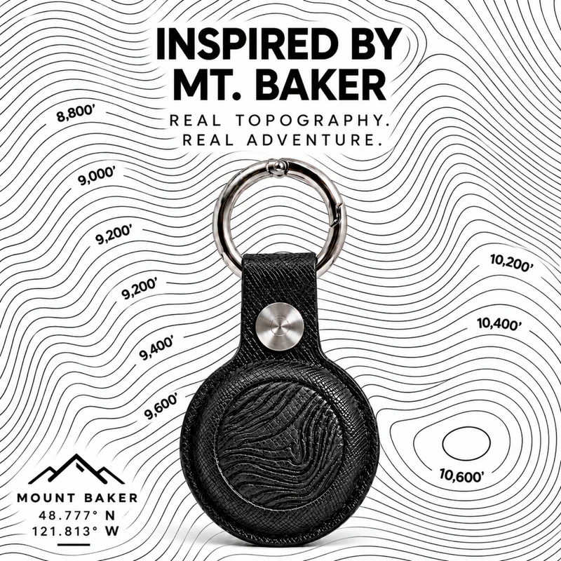 Saffiano Leather AirTag Holder | Mt Baker Topographic Keychain Case for Keys, Bags & Luggage