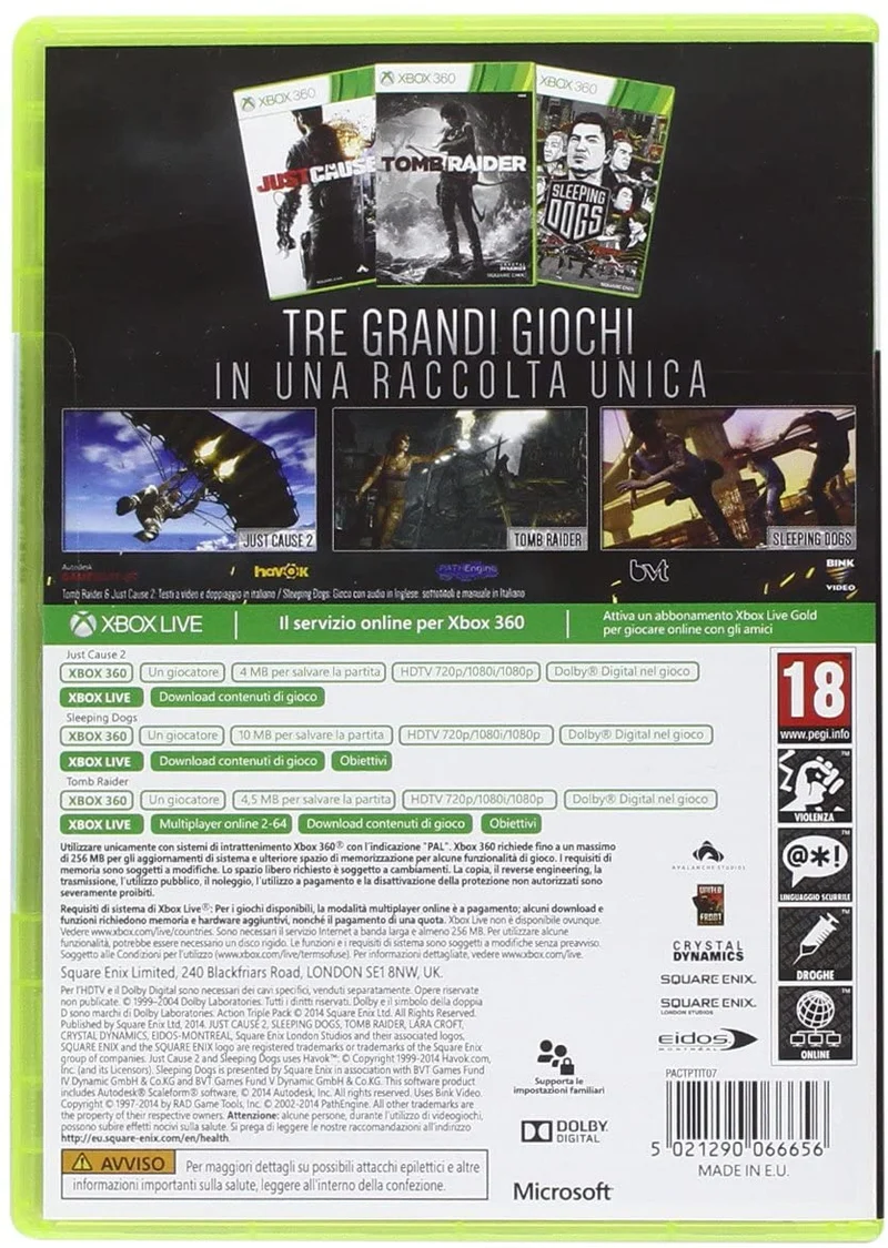 ULTIMATE ACTION TRIPLE PACK - JUST CAUSE 2 - SLEEPING DOGS - TOMB RIDER - XBOX 360 EDIZIONE ITALIANA