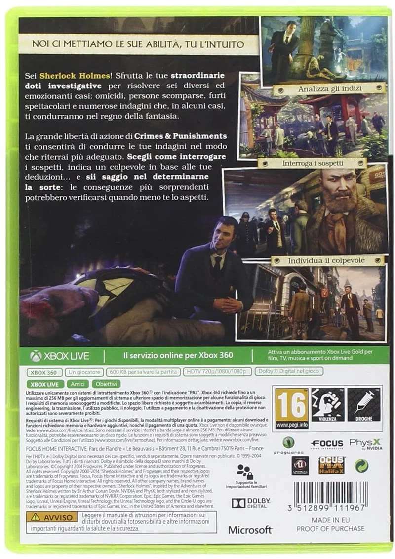 CRIMES & PUNISHMENTS SHERLOCK HOLMES XBOX 360 EDIZIONE ITALIANA