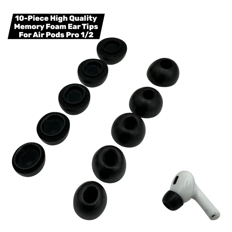 Apple AirPods Pro Memory Foam Ear Tips – 10-Pack (1st & 2nd Gen, XS–XL, Black)
