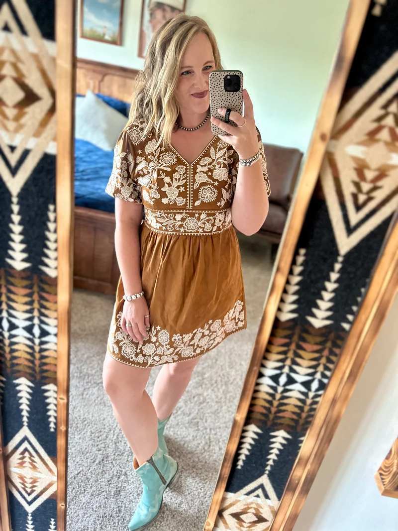 Tan Suede Embroidered Dress