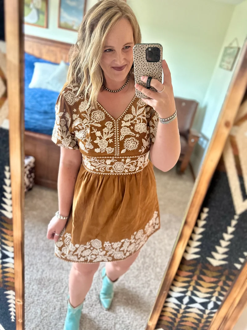 Tan Suede Embroidered Dress