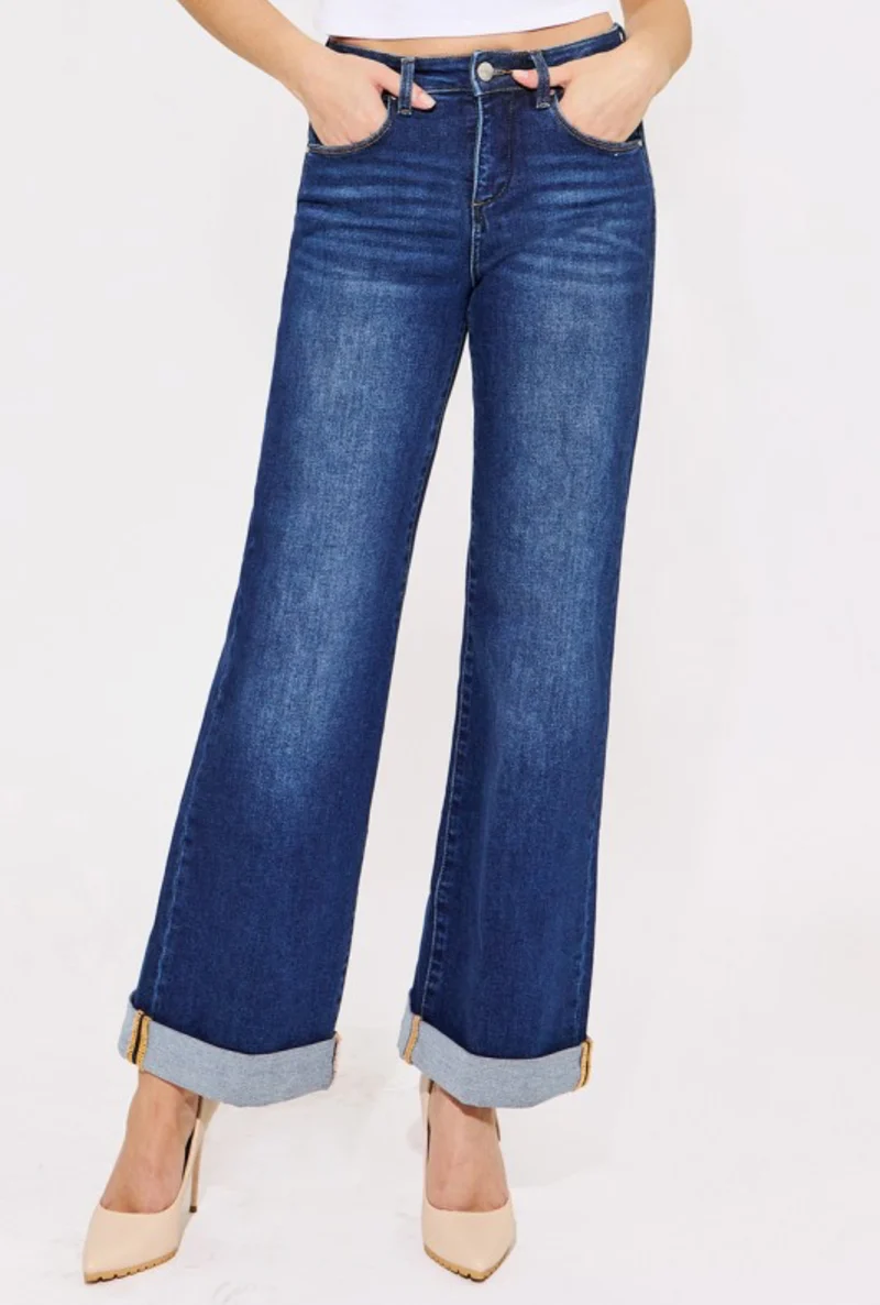 Risen Wide Leg Double Cuff Jeans