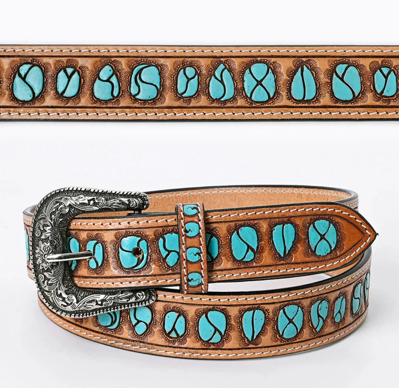 Turquoise Stone Tooled Leather Belt