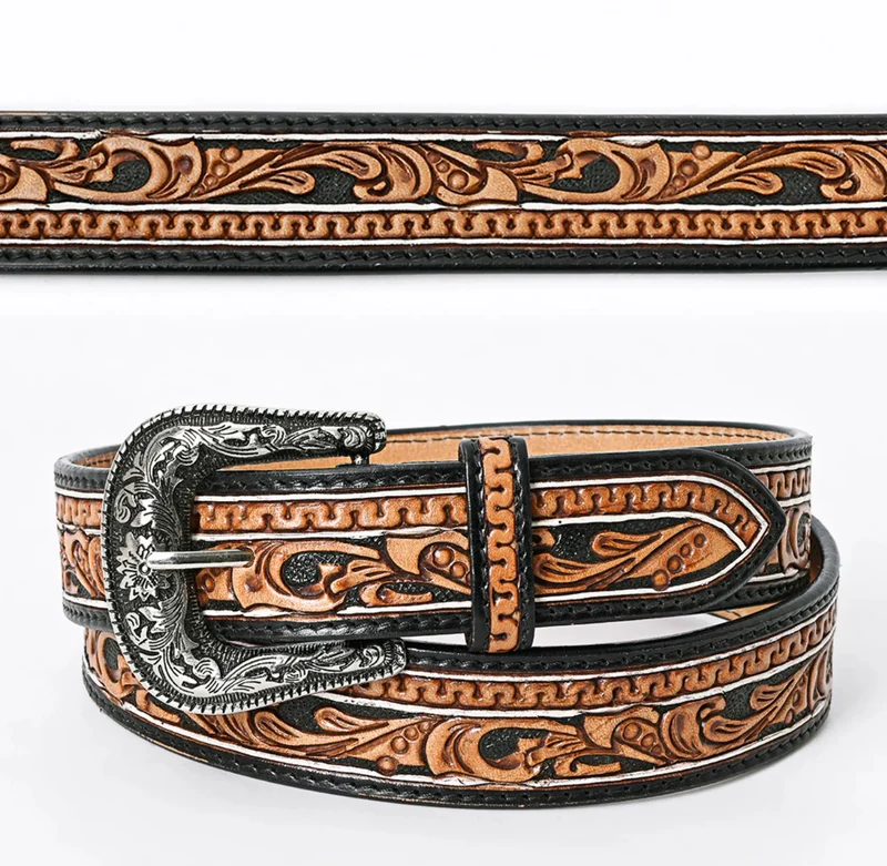 Black/Brown Tooled Leather Belt