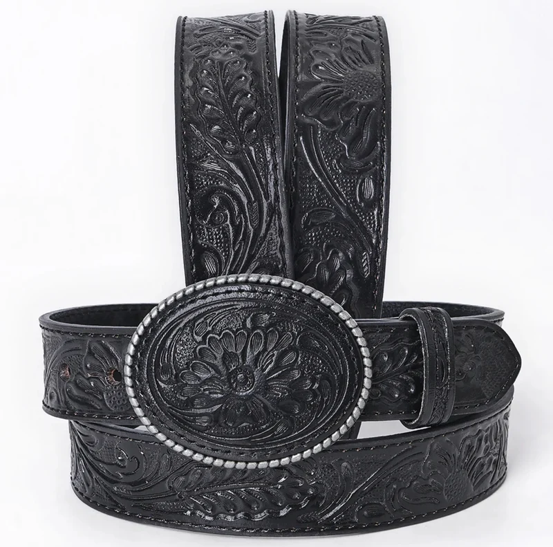 Black Tooled Leather Belt with Oval Buckle