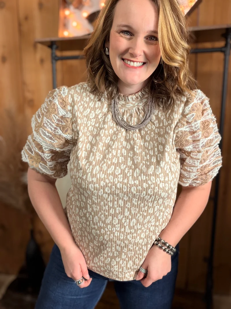 Lace Puff Sleeve Animal Print Top