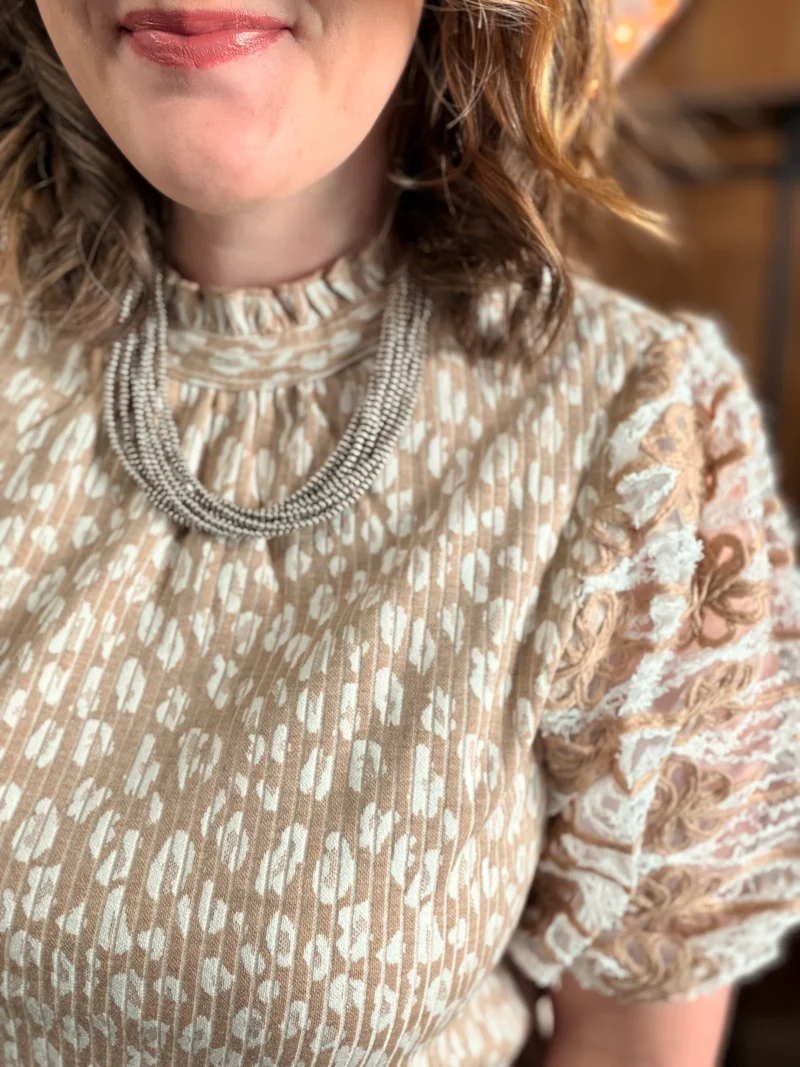 Lace Puff Sleeve Animal Print Top
