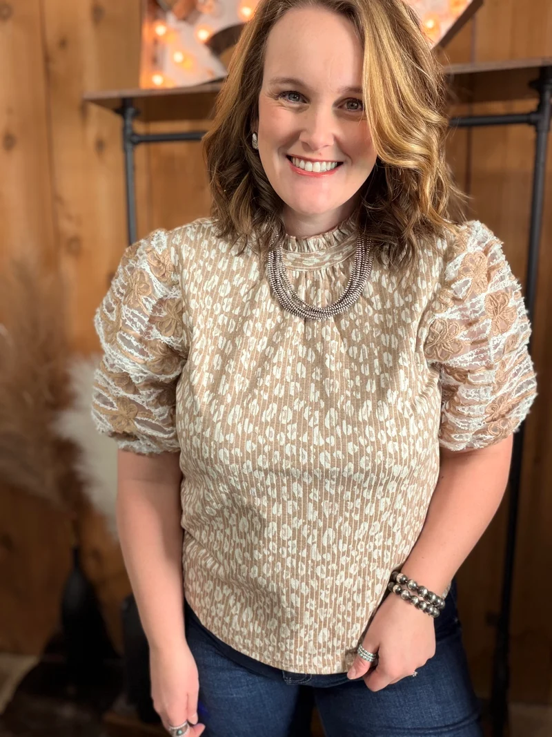 Lace Puff Sleeve Animal Print Top