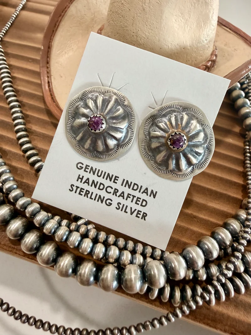Concho Stud Earrings With Purple Spiny Stone
