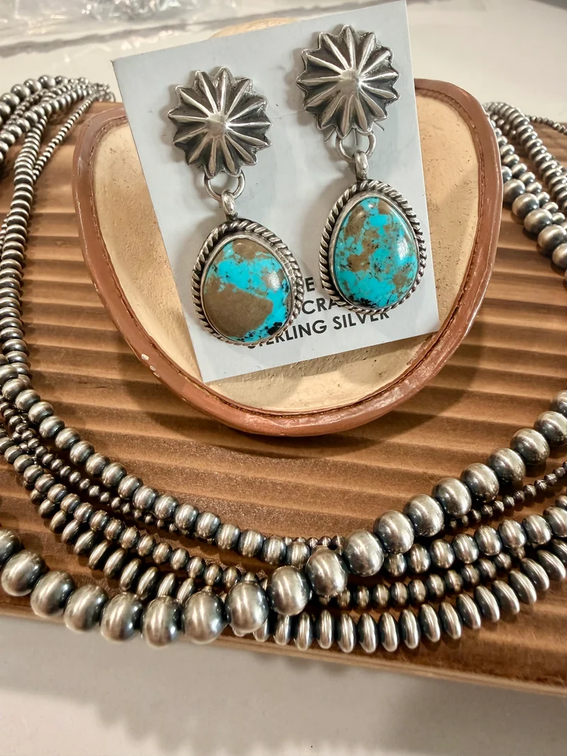 Navajo Made Kingman Turquoise Dangle Concho Stud Earrings