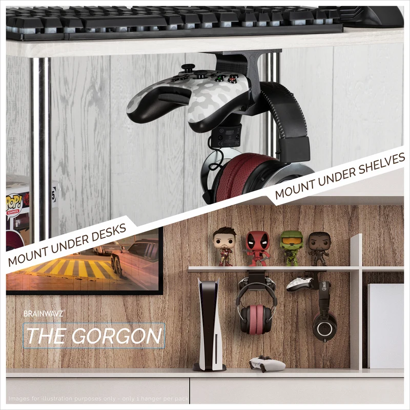 The Gorgon - Supporto per gancio sotto la scrivania per cuffie e controller di gioco - Adatto per Xbox, PS5/PS4, supporto adesivo universale, senza viti