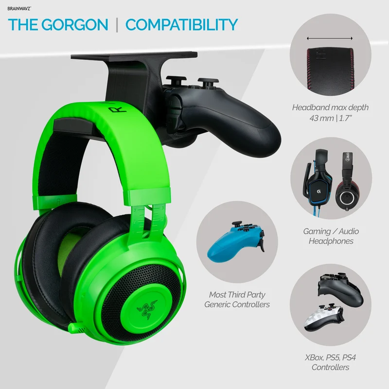 The Gorgon - Supporto per gancio sotto la scrivania per cuffie e controller di gioco - Adatto per Xbox, PS5/PS4, supporto adesivo universale, senza viti
