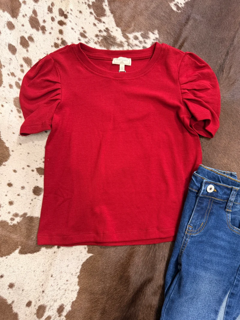 Girls Red Puff Shoulder Top