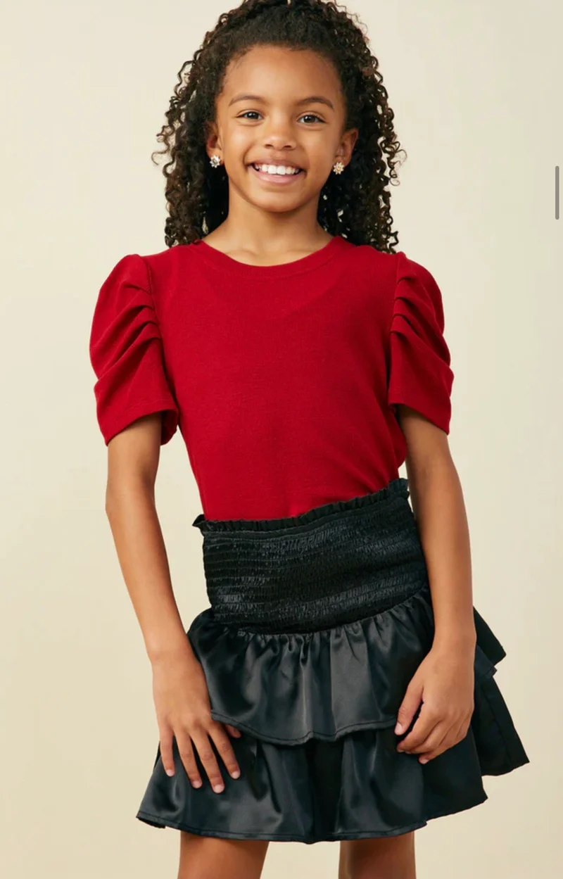 Girls Red Puff Shoulder Top