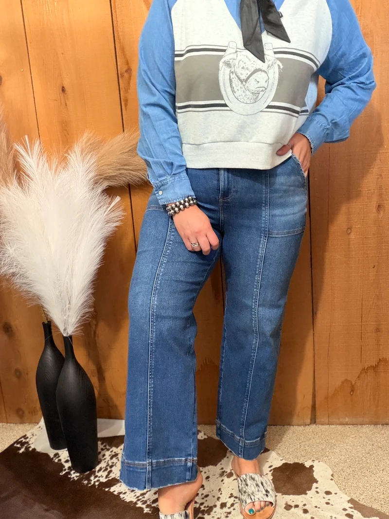 Risen Cropped Front Seam Straight Leg Jeans