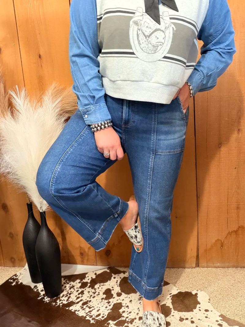 Risen Cropped Front Seam Straight Leg Jeans