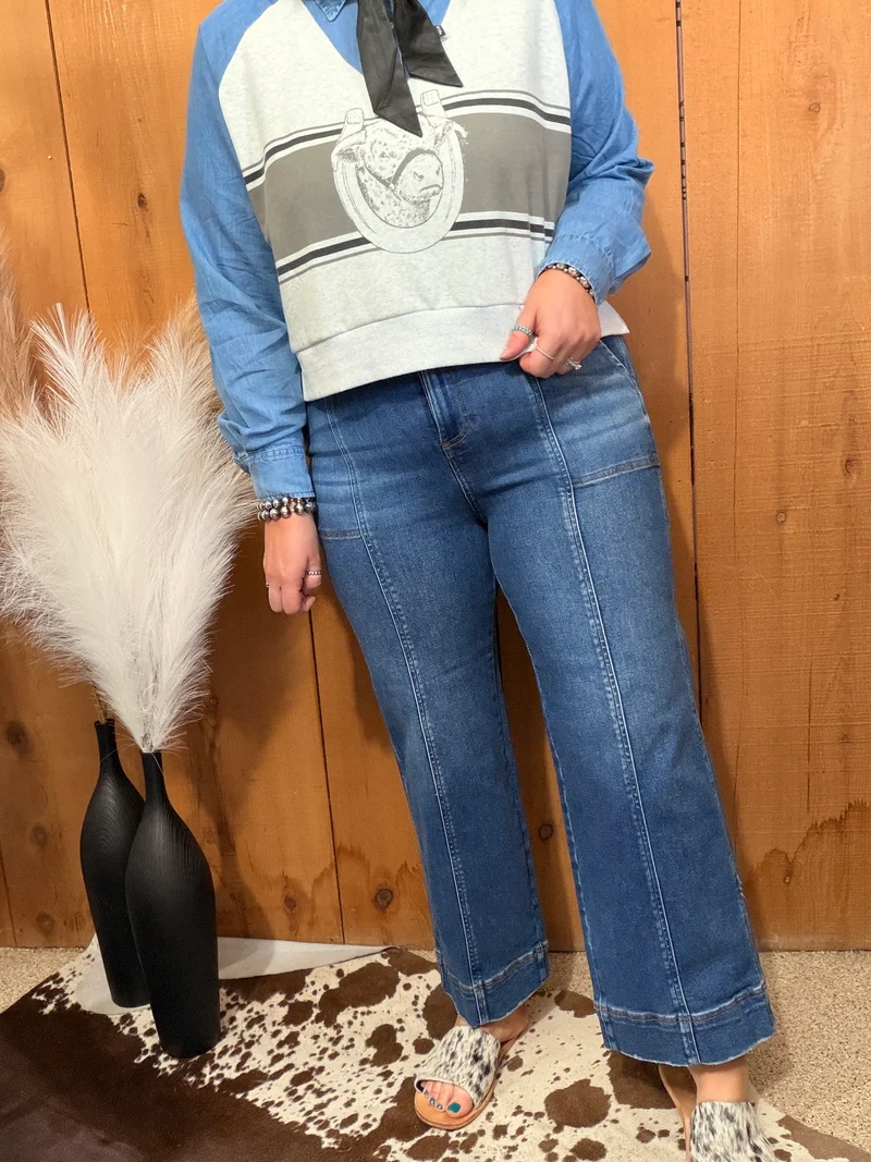 Risen Cropped Front Seam Straight Leg Jeans