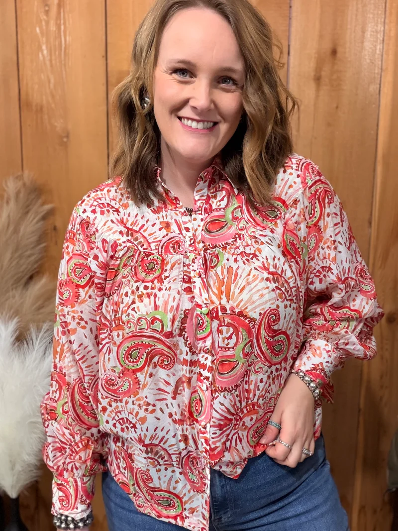 Red Paisley Printed Button Down Top