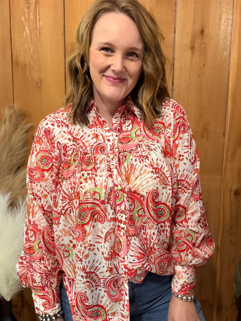 Red Paisley Printed Button Down Top