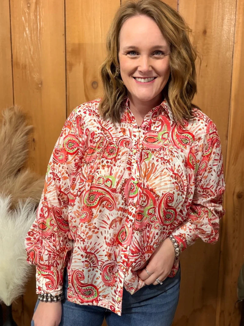 Red Paisley Printed Button Down Top