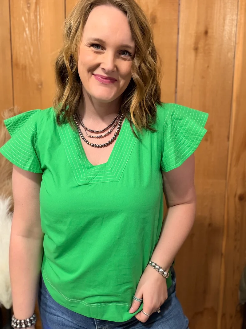 Green Flutter Sleeve Top