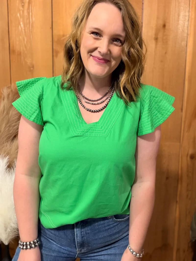Green Flutter Sleeve Top