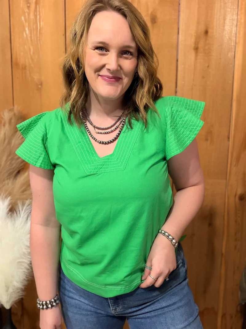 Green Flutter Sleeve Top