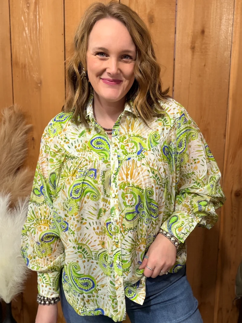 Lime Paisley Printed Button Down Top