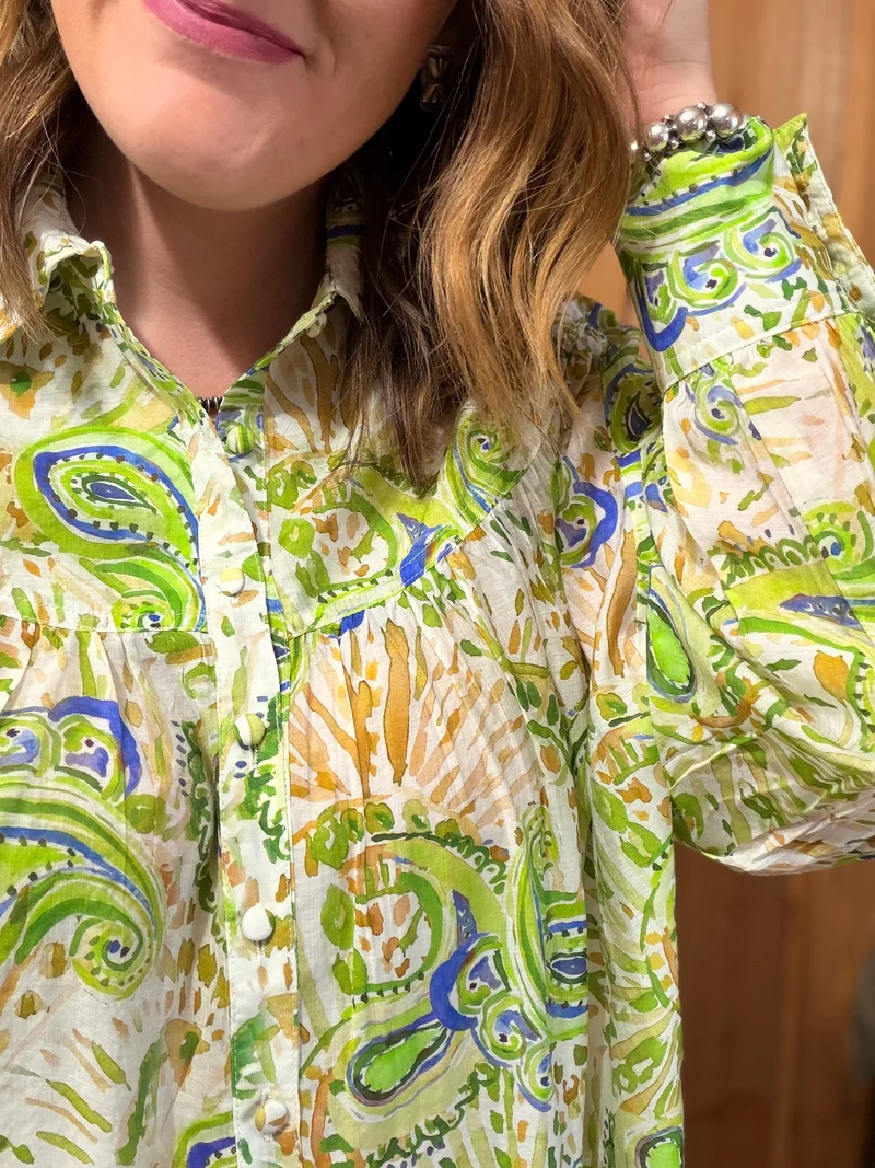 Lime Paisley Printed Button Down Top