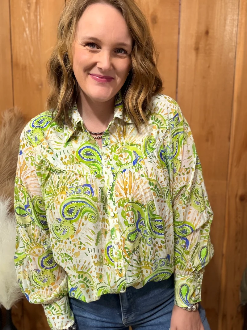 Lime Paisley Printed Button Down Top