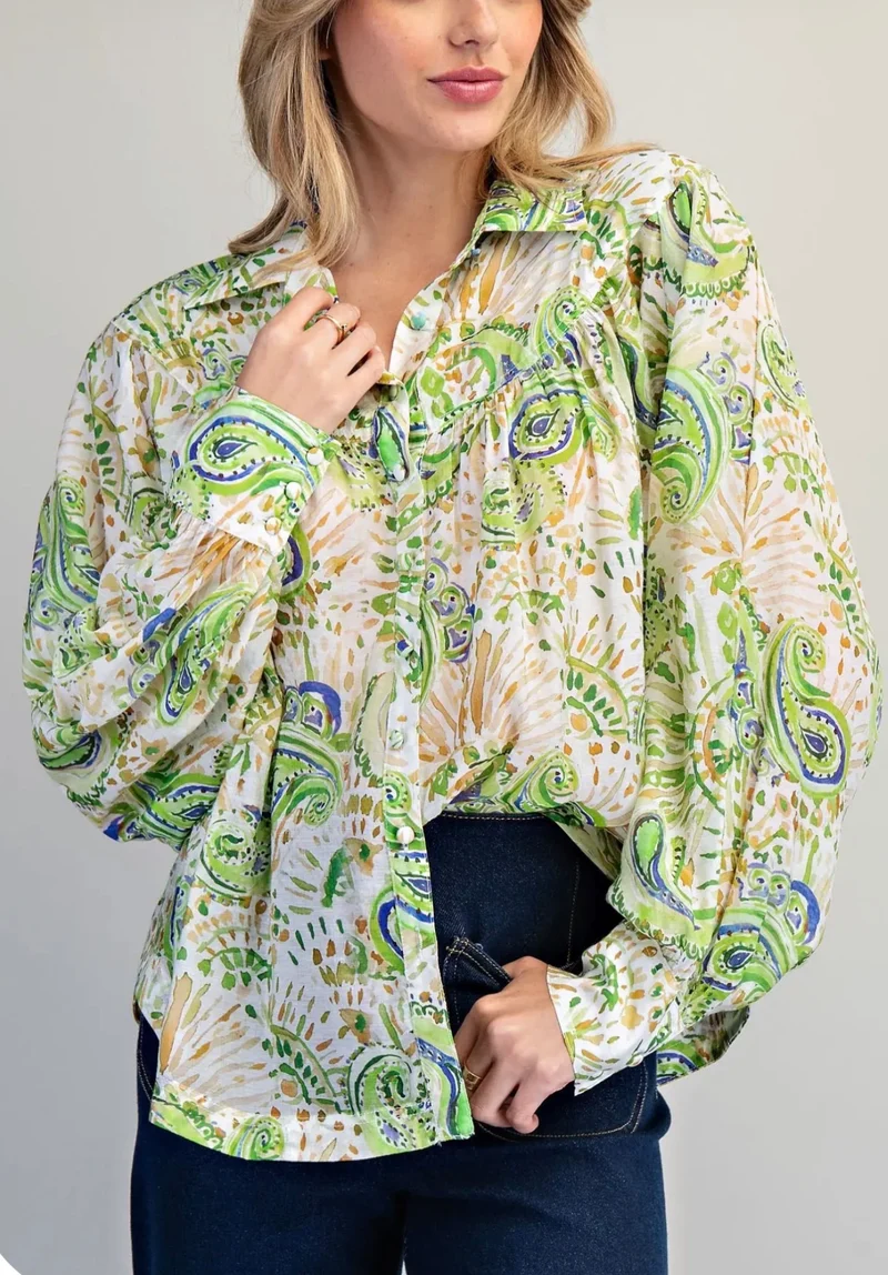 Lime Paisley Printed Button Down Top