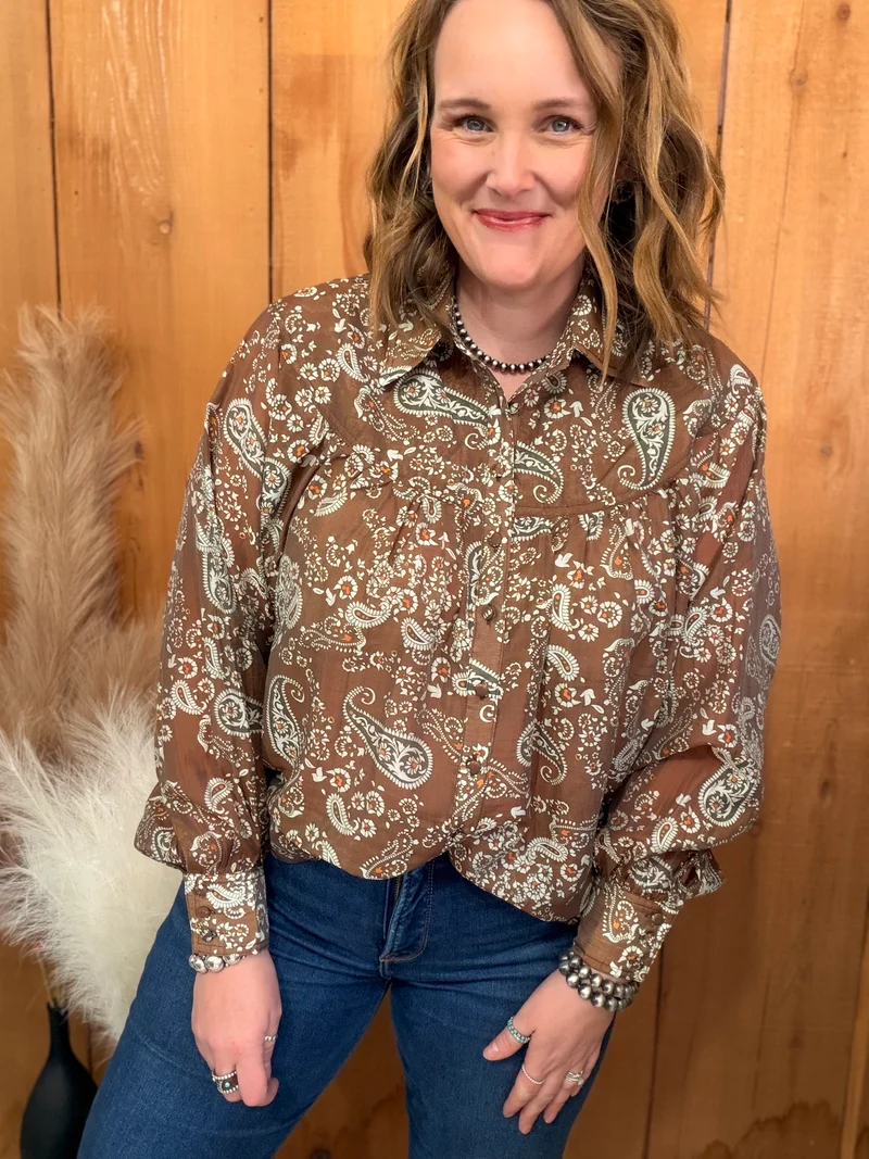 Chestnut Paisley Button Down Top