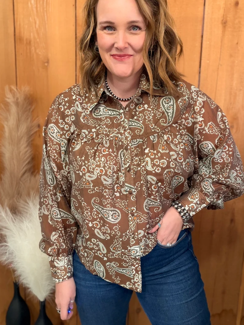 Chestnut Paisley Button Down Top