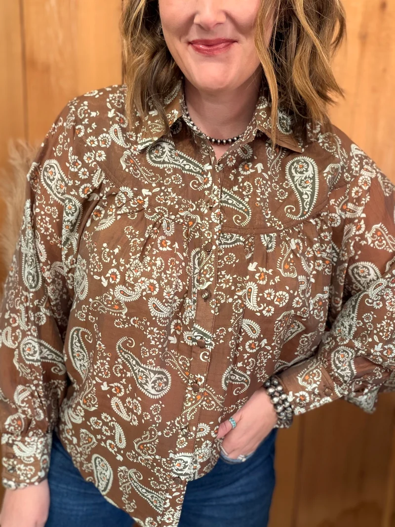 Chestnut Paisley Button Down Top