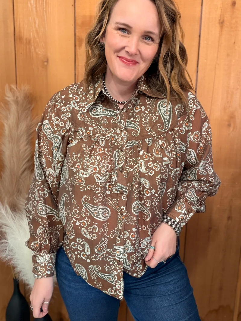 Chestnut Paisley Button Down Top