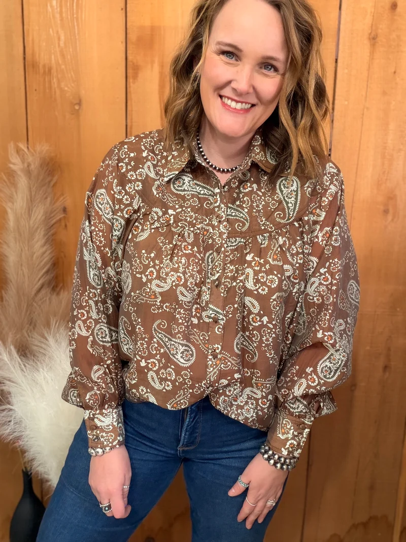 Chestnut Paisley Button Down Top