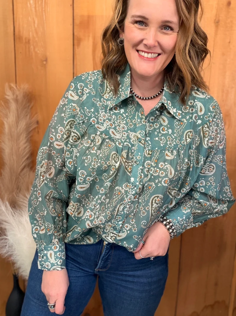 Teal Paisley Button Down Top