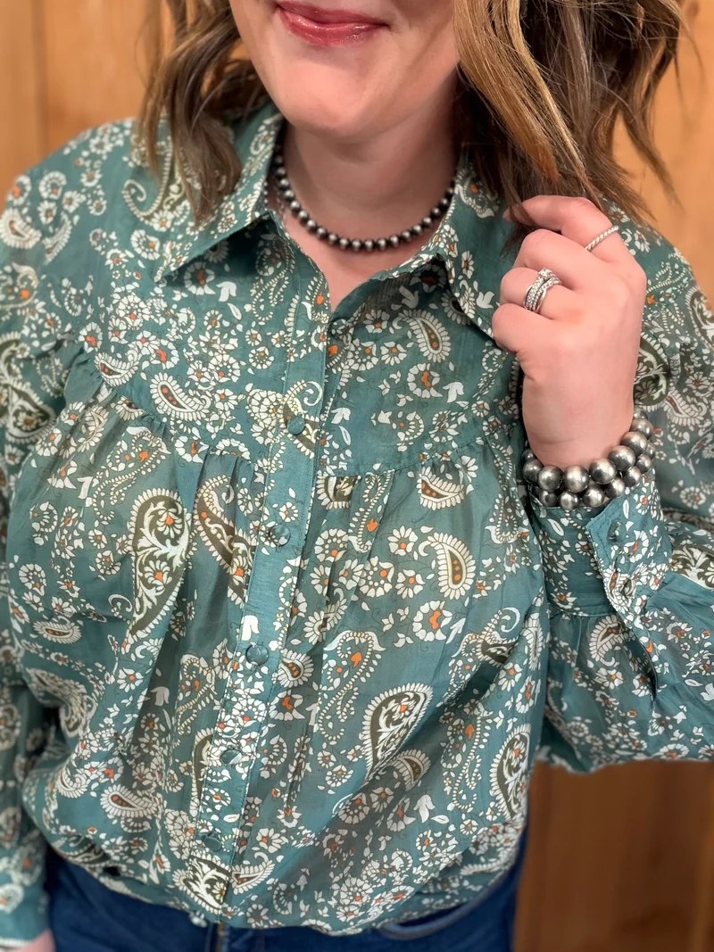 Teal Paisley Button Down Top