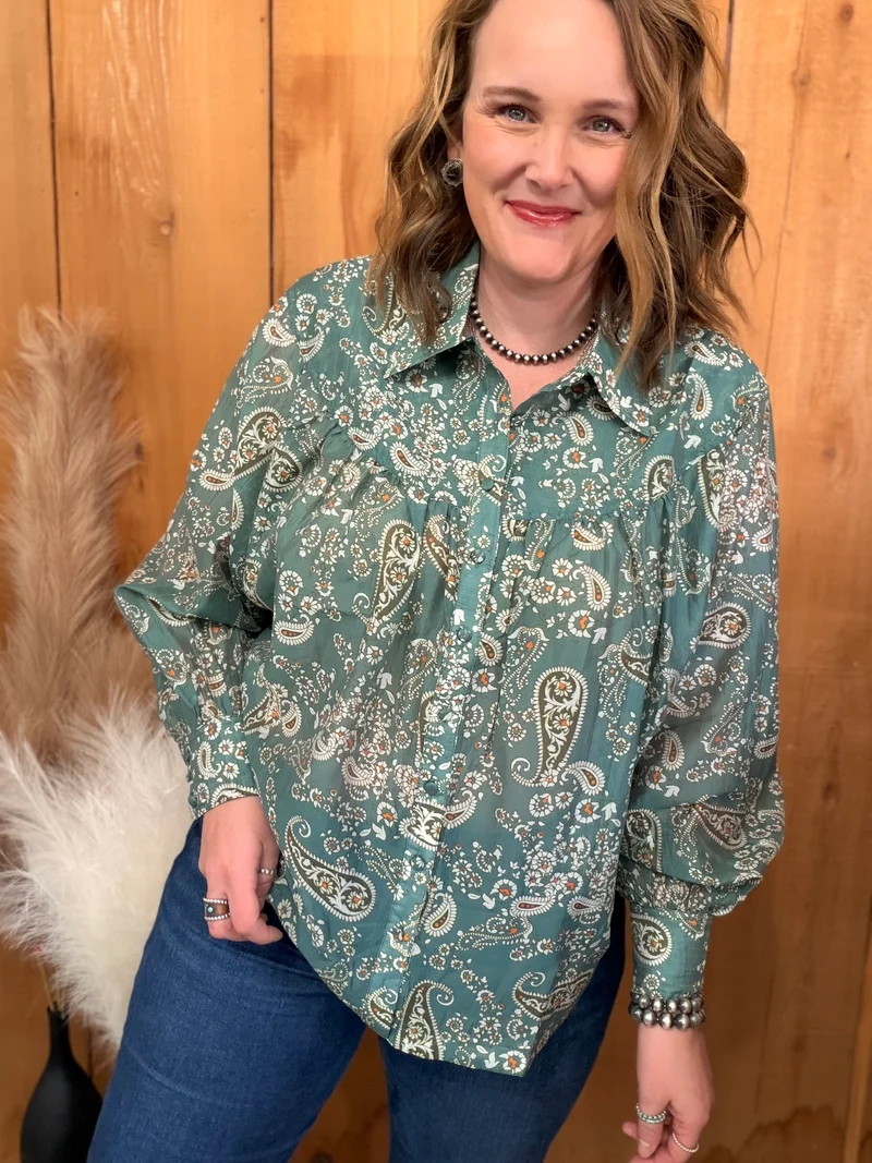 Teal Paisley Button Down Top