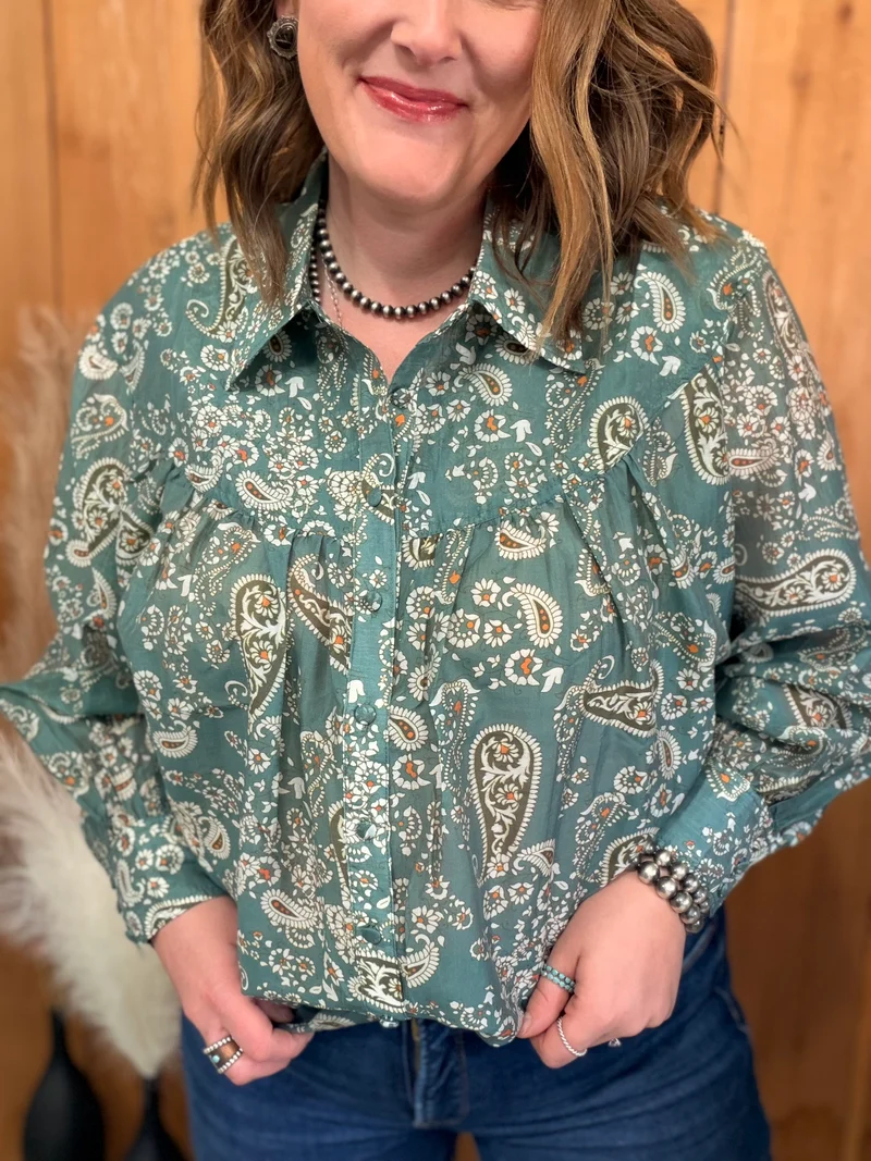 Teal Paisley Button Down Top