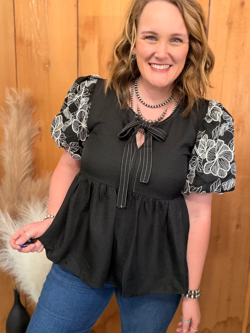 Black Embroidered Puff Sleeve Top