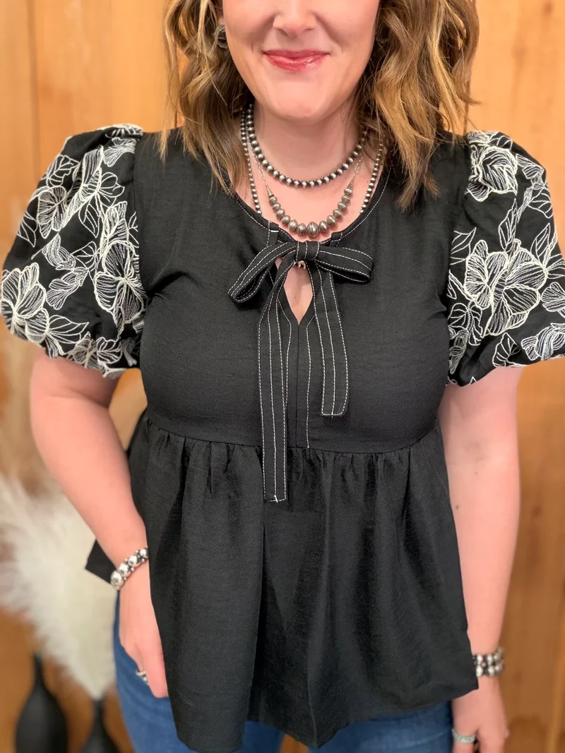 Black Embroidered Puff Sleeve Top
